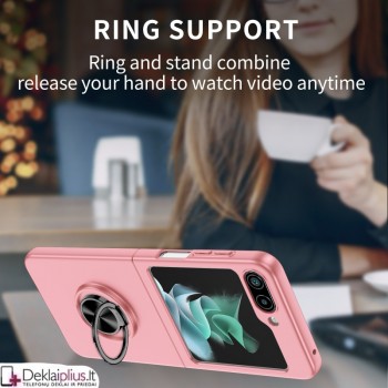 Plastikinis dėklas su žiedu ir kameros apsauga - rūžavas (Samsung Z Flip 6/Z Flip 7 Fe)